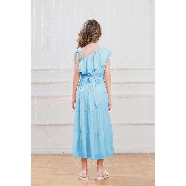 GRACE KARIN Girls Spring Summer One Shoulder Casual Dress Twirly Ruffle Sleeve Formal Dresses Maxi Dress Size 512YSky Blue Long