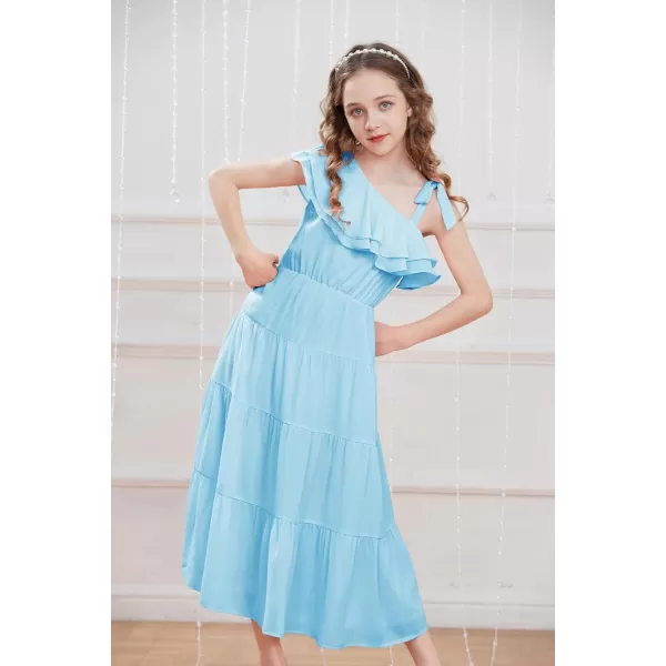 GRACE KARIN Girls Spring Summer One Shoulder Casual Dress Twirly Ruffle Sleeve Formal Dresses Maxi Dress Size 512YSky Blue Long