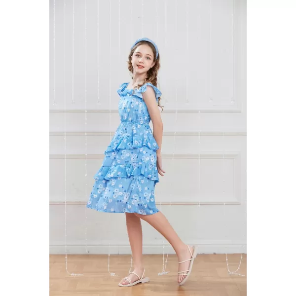 GRACE KARIN Girls Summer Dress Aline Square Neck Floral Ruffle Dress for Girls Size 514 YearsBlue