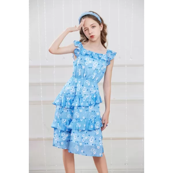 GRACE KARIN Girls Summer Dress Aline Square Neck Floral Ruffle Dress for Girls Size 514 YearsBlue
