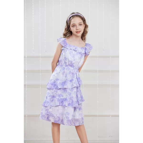 GRACE KARIN Girls Summer Dress Aline Square Neck Floral Ruffle Dress for Girls Size 514 YearsPurple