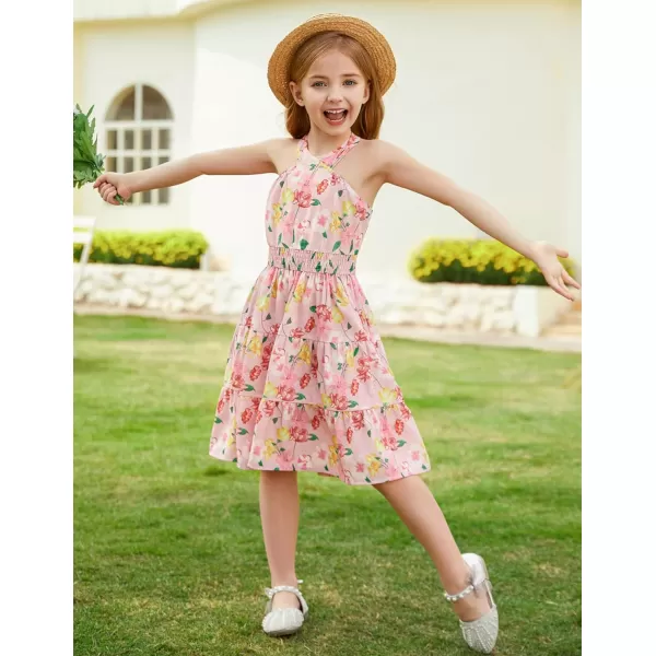 GRACE KARIN Girls Summer Dress Halter Neck Floral Aline Midi Dress 514YFloral on Pink