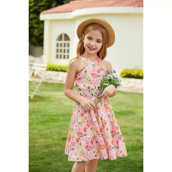 GRACE KARIN Girls Summer Dress Halter Neck Floral Aline Midi Dress 514YFloral on Pink