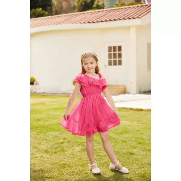 GRACE KARIN Girls Summer Dress One Shoulder Ruffle Sleeve Midi Casual SundressHot Pink