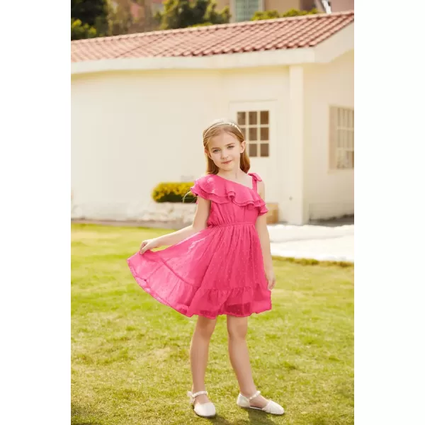 GRACE KARIN Girls Summer Dress One Shoulder Ruffle Sleeve Midi Casual SundressHot Pink