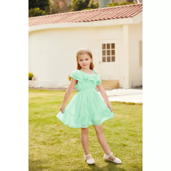 GRACE KARIN Girls Summer Dress One Shoulder Ruffle Sleeve Midi Casual SundressLight Green