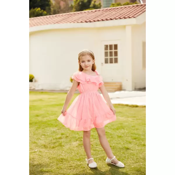 GRACE KARIN Girls Summer Dress One Shoulder Ruffle Sleeve Midi Casual SundressPink