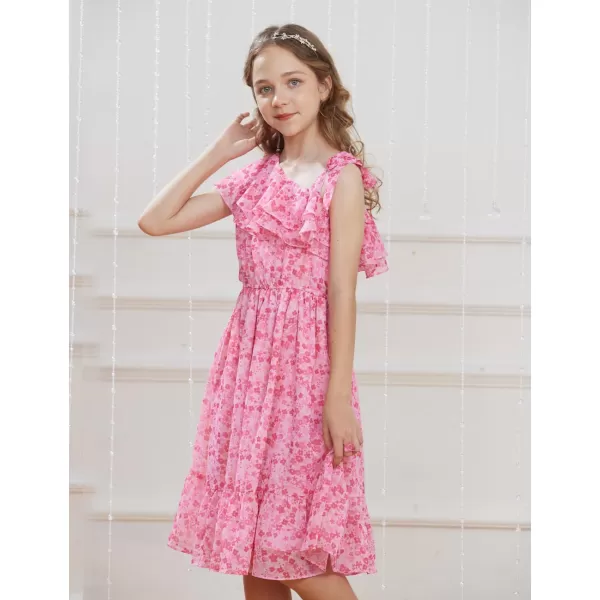 GRACE KARIN Girls Summer Dress One Shoulder Ruffle Sleeve Midi Casual SundressPink Flower