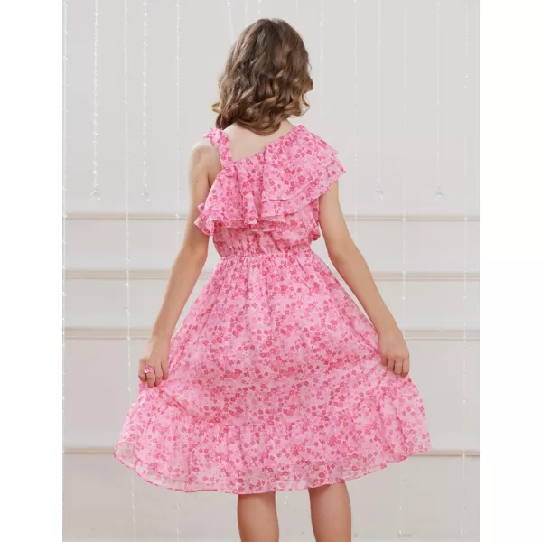 GRACE KARIN Girls Summer Dress One Shoulder Ruffle Sleeve Midi Casual SundressPink Flower