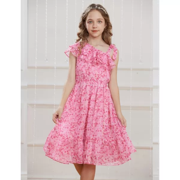 GRACE KARIN Girls Summer Dress One Shoulder Ruffle Sleeve Midi Casual SundressPink Flower