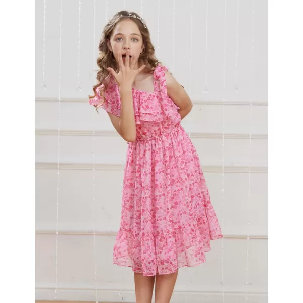 GRACE KARIN Girls Summer Dress One Shoulder Ruffle Sleeve Midi Casual SundressPink Flower