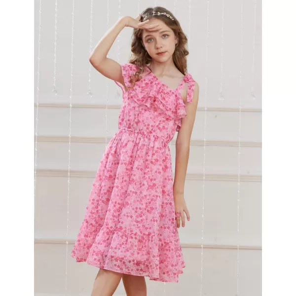 GRACE KARIN Girls Summer Dress One Shoulder Ruffle Sleeve Midi Casual SundressPink Flower