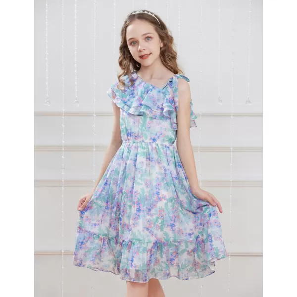 GRACE KARIN Girls Summer Dress One Shoulder Ruffle Sleeve Midi Casual SundressPurple Flower