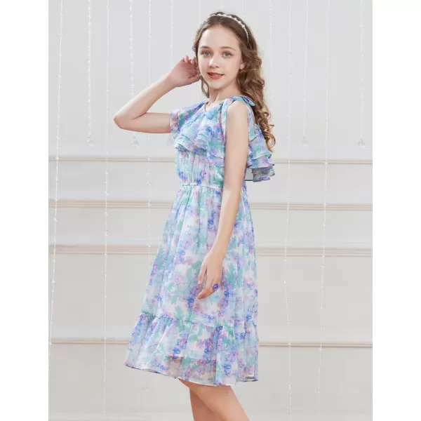 GRACE KARIN Girls Summer Dress One Shoulder Ruffle Sleeve Midi Casual SundressPurple Flower