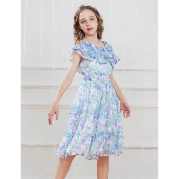 GRACE KARIN Girls Summer Dress One Shoulder Ruffle Sleeve Midi Casual SundressPurple Flower