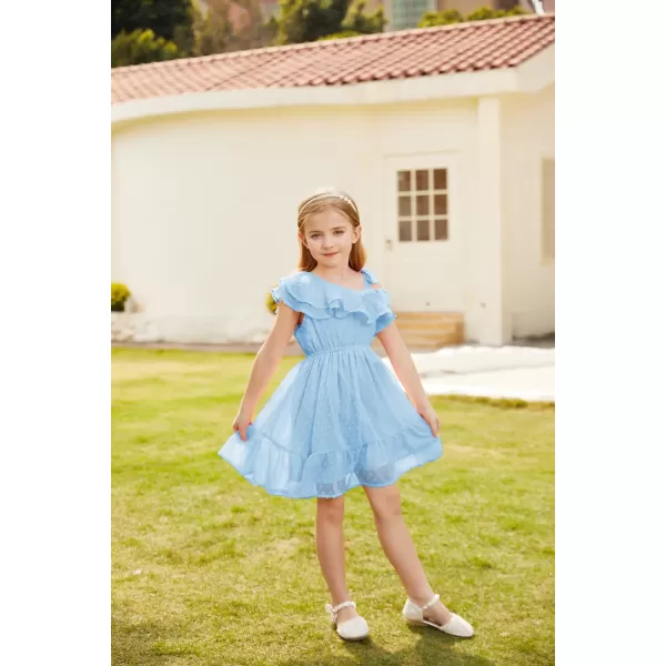 GRACE KARIN Girls Summer Dress One Shoulder Ruffle Sleeve Midi Casual SundressSky Blue