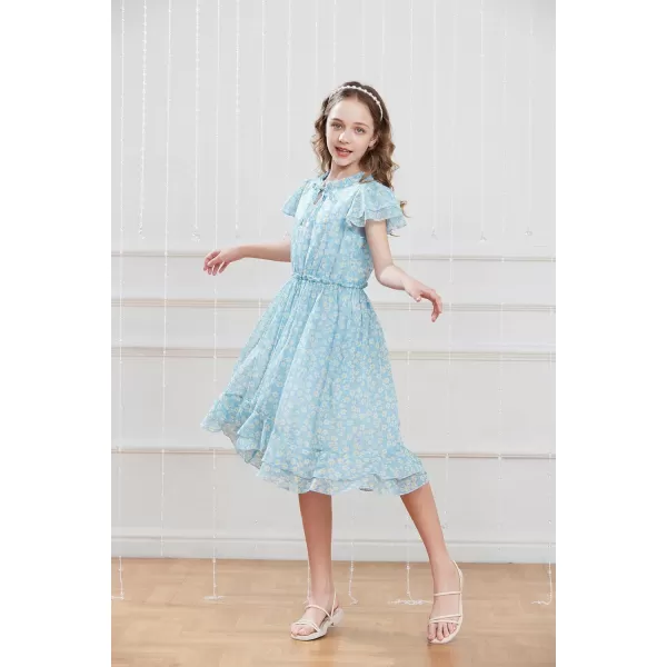 GRACE KARIN Girls Summer Floral Dress Casual Ruffle Sleeve Tie Neck Teen Girl Dress Size 512Blue1