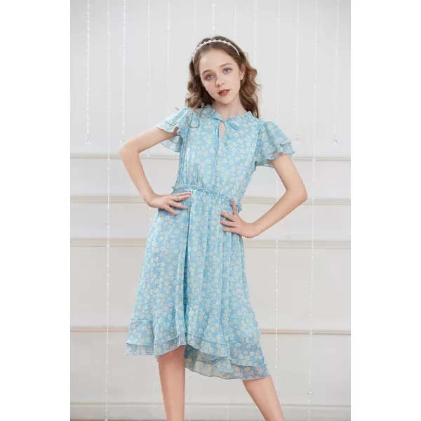 GRACE KARIN Girls Summer Floral Dress Casual Ruffle Sleeve Tie Neck Teen Girl Dress Size 512Blue1