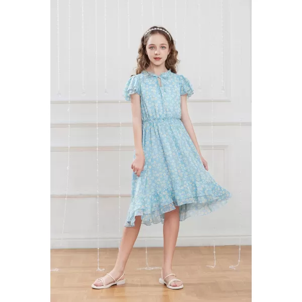 GRACE KARIN Girls Summer Floral Dress Casual Ruffle Sleeve Tie Neck Teen Girl Dress Size 512Blue1