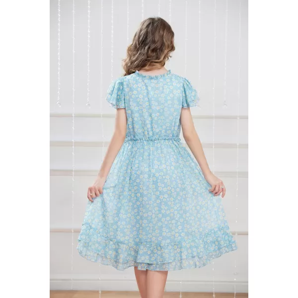 GRACE KARIN Girls Summer Floral Dress Casual Ruffle Sleeve Tie Neck Teen Girl Dress Size 512Blue1