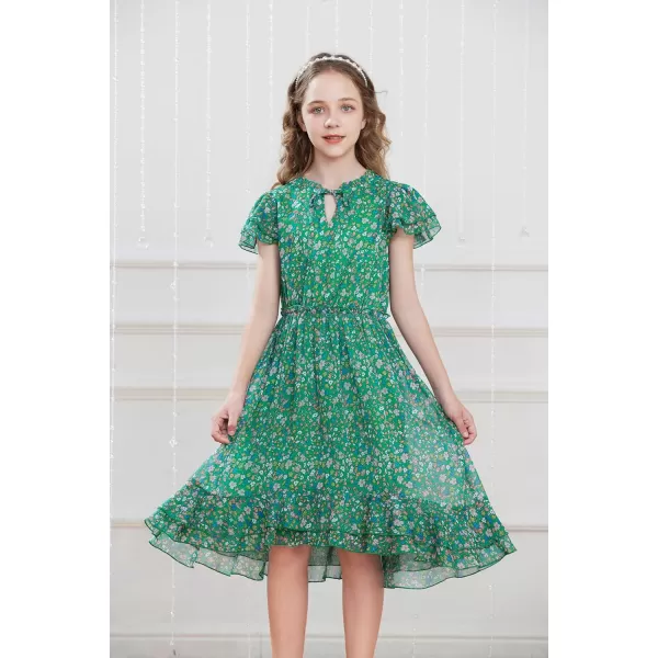 GRACE KARIN Girls Summer Floral Dress Casual Ruffle Sleeve Tie Neck Teen Girl Dress Size 512Green1