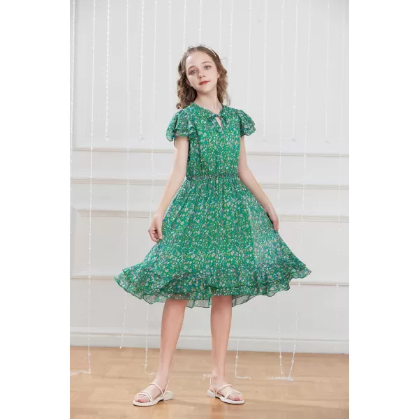 GRACE KARIN Girls Summer Floral Dress Casual Ruffle Sleeve Tie Neck Teen Girl Dress Size 512Green1