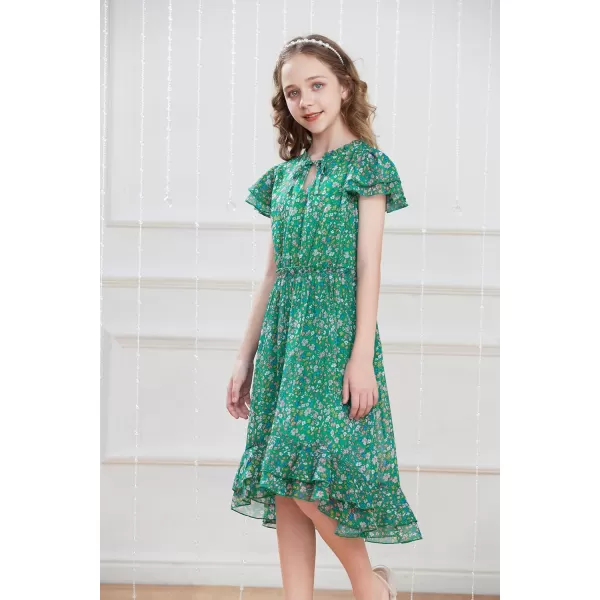 GRACE KARIN Girls Summer Floral Dress Casual Ruffle Sleeve Tie Neck Teen Girl Dress Size 512Green1