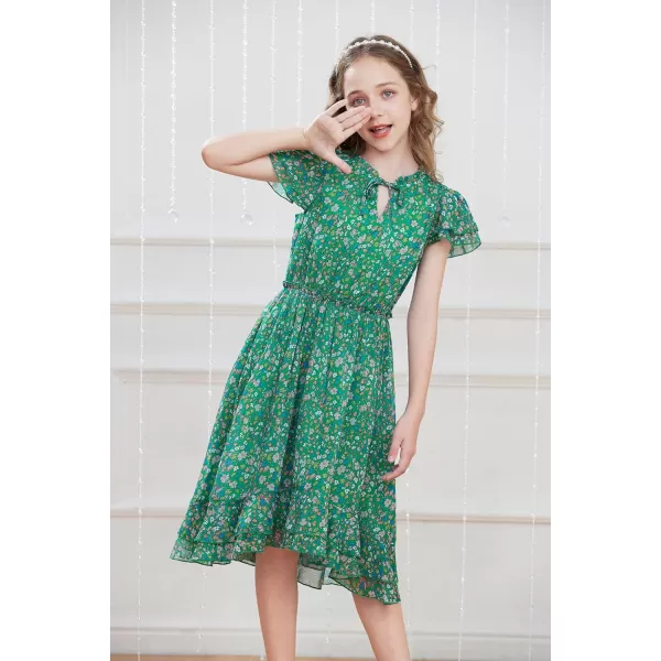 GRACE KARIN Girls Summer Floral Dress Casual Ruffle Sleeve Tie Neck Teen Girl Dress Size 512Green1