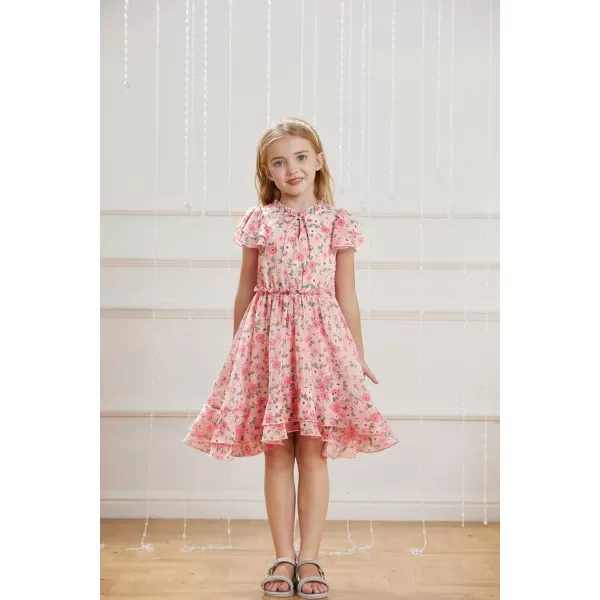 GRACE KARIN Girls Summer Floral Dress Casual Ruffle Sleeve Tie Neck Teen Girl Dress Size 512Pink1