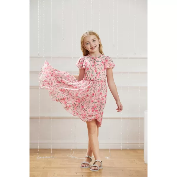 GRACE KARIN Girls Summer Floral Dress Casual Ruffle Sleeve Tie Neck Teen Girl Dress Size 512Pink1