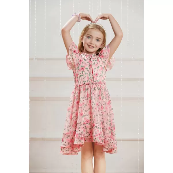 GRACE KARIN Girls Summer Floral Dress Casual Ruffle Sleeve Tie Neck Teen Girl Dress Size 512Pink1