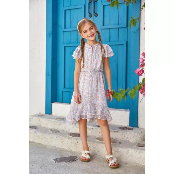 GRACE KARIN Girls Summer Floral Dress Casual Ruffle Sleeve Tie Neck Teen Girl Dress Size 512Purple1