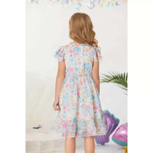 GRACE KARIN Girls Summer Floral Dress Casual Ruffle Sleeve Tie Neck Teen Girl Dress Size 512White1