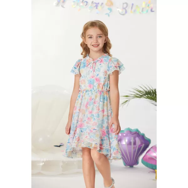 GRACE KARIN Girls Summer Floral Dress Casual Ruffle Sleeve Tie Neck Teen Girl Dress Size 512White1