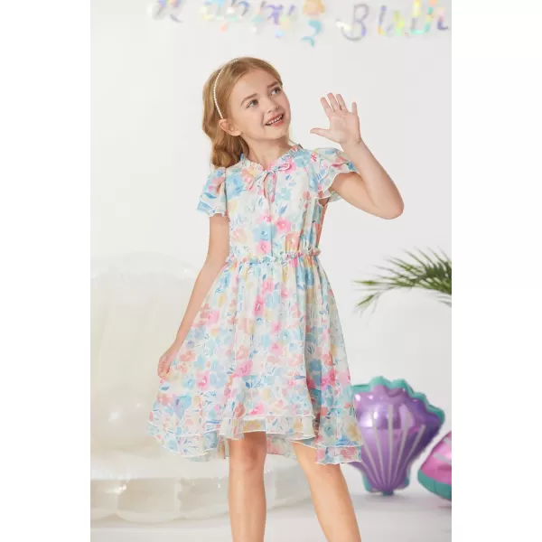 GRACE KARIN Girls Summer Floral Dress Casual Ruffle Sleeve Tie Neck Teen Girl Dress Size 512White1