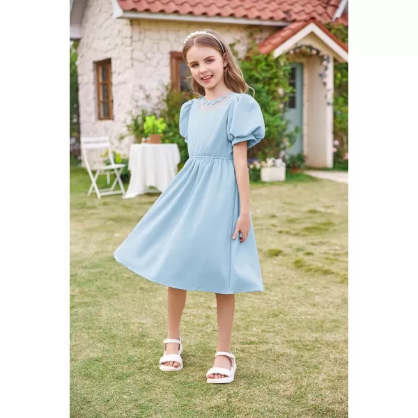 GRACE KARIN Girls Summer Puff Sleeve Ruffle Contrast Mesh Cute Spring Dress for Girls Size 512Light Blue