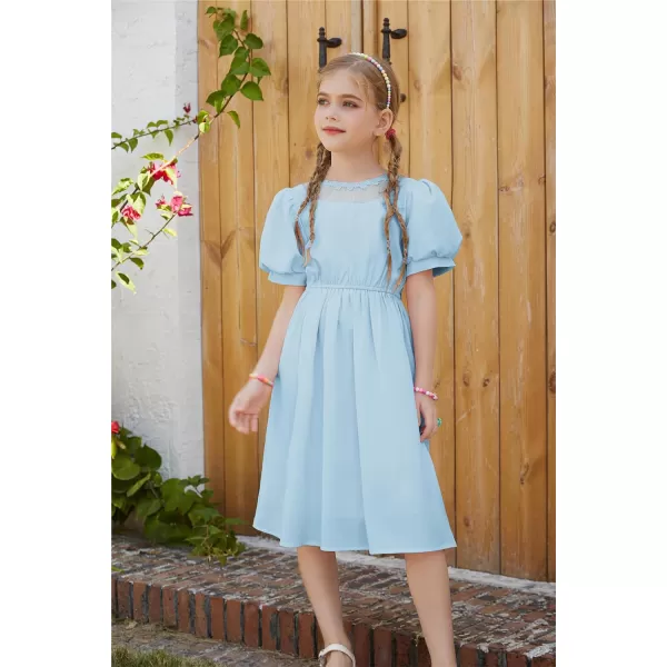 GRACE KARIN Girls Summer Puff Sleeve Ruffle Contrast Mesh Cute Spring Dress for Girls Size 512Light Blue