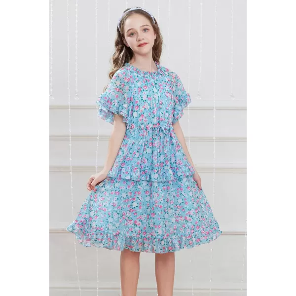 GRACE KARIN Girls Summer Spring Dress Floral Ruffle Cute Fancy Dress Casual Flowy Short Sleeve Midi Dress 512YBlue