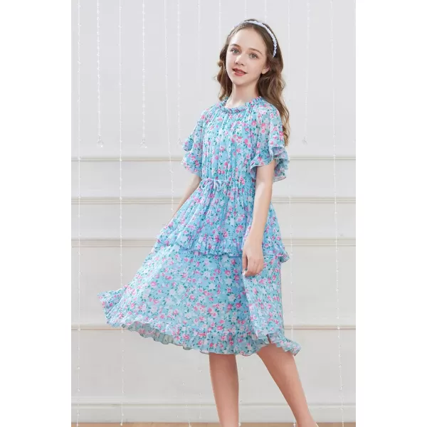 GRACE KARIN Girls Summer Spring Dress Floral Ruffle Cute Fancy Dress Casual Flowy Short Sleeve Midi Dress 512YBlue