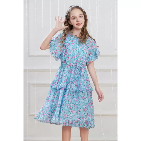 GRACE KARIN Girls Summer Spring Dress Floral Ruffle Cute Fancy Dress Casual Flowy Short Sleeve Midi Dress 512YBlue