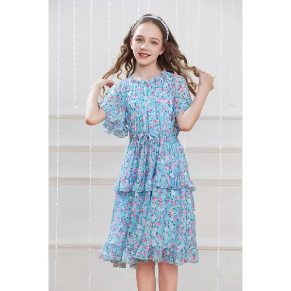 GRACE KARIN Girls Summer Spring Dress Floral Ruffle Cute Fancy Dress Casual Flowy Short Sleeve Midi Dress 512YBlue