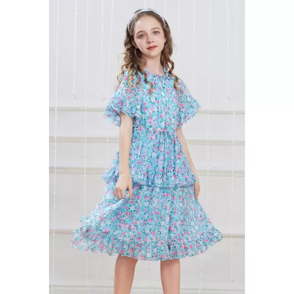 GRACE KARIN Girls Summer Spring Dress Floral Ruffle Cute Fancy Dress Casual Flowy Short Sleeve Midi Dress 512YBlue