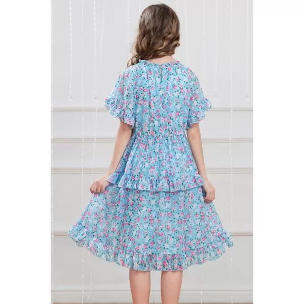 GRACE KARIN Girls Summer Spring Dress Floral Ruffle Cute Fancy Dress Casual Flowy Short Sleeve Midi Dress 512YBlue