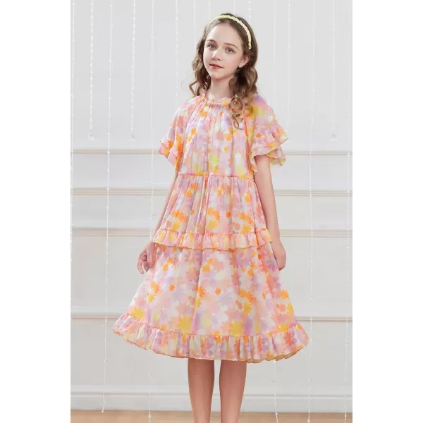 GRACE KARIN Girls Summer Spring Dress Floral Ruffle Cute Fancy Dress Casual Flowy Short Sleeve Midi Dress 512YOrange