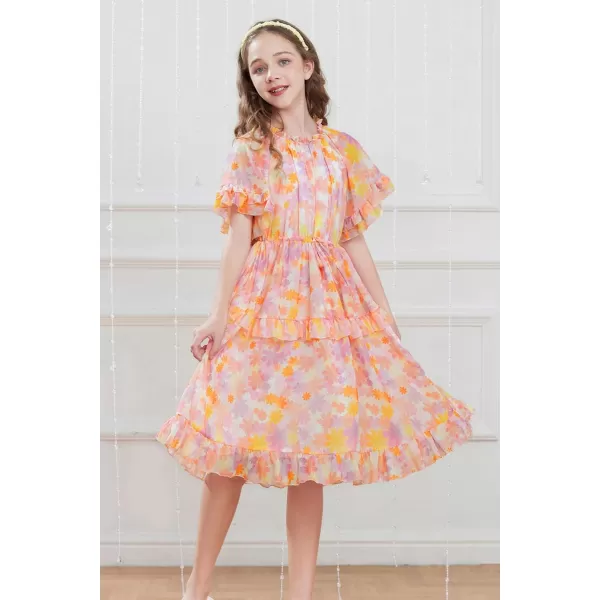 GRACE KARIN Girls Summer Spring Dress Floral Ruffle Cute Fancy Dress Casual Flowy Short Sleeve Midi Dress 512YOrange