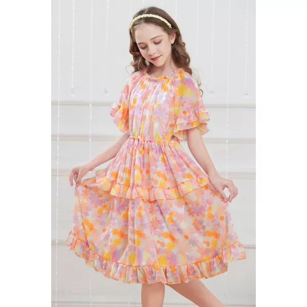 GRACE KARIN Girls Summer Spring Dress Floral Ruffle Cute Fancy Dress Casual Flowy Short Sleeve Midi Dress 512YOrange