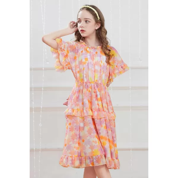 GRACE KARIN Girls Summer Spring Dress Floral Ruffle Cute Fancy Dress Casual Flowy Short Sleeve Midi Dress 512YOrange