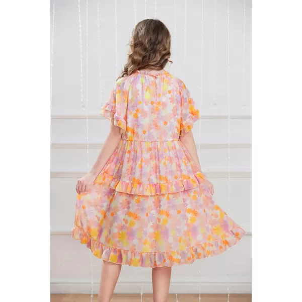 GRACE KARIN Girls Summer Spring Dress Floral Ruffle Cute Fancy Dress Casual Flowy Short Sleeve Midi Dress 512YOrange