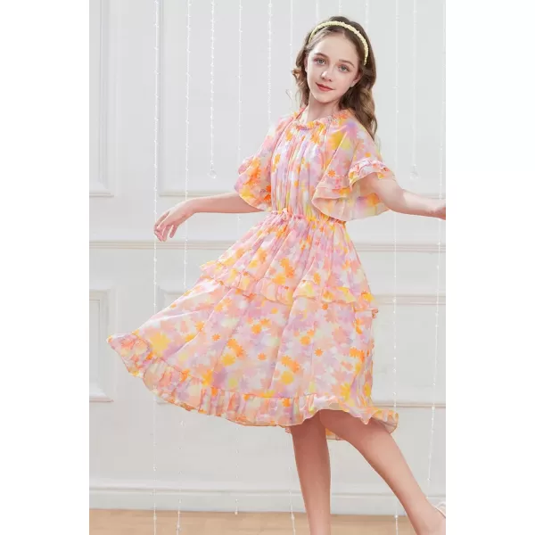 GRACE KARIN Girls Summer Spring Dress Floral Ruffle Cute Fancy Dress Casual Flowy Short Sleeve Midi Dress 512YOrange