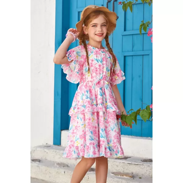 GRACE KARIN Girls Summer Spring Dress Floral Ruffle Cute Fancy Dress Casual Flowy Short Sleeve Midi Dress 512YPink